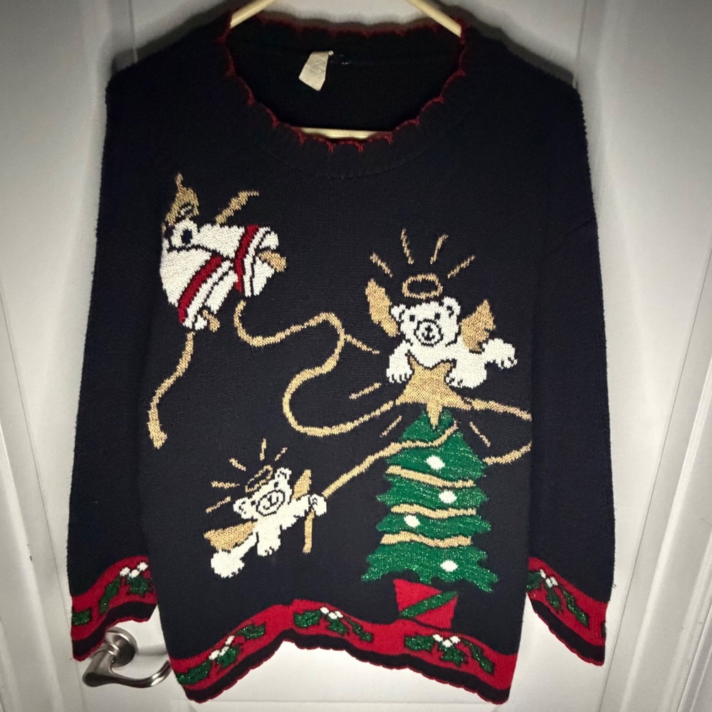 Vintage 90's Christmas Angel Bears Tree Black Knitted Sweater Sz Womens Large